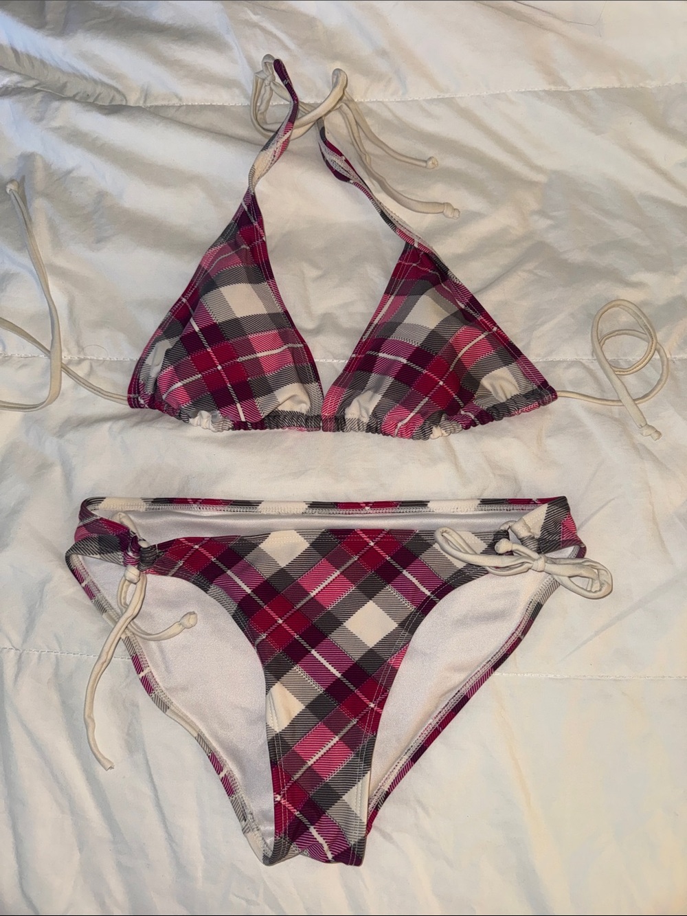 Garage Plaid Tie-Side Triangle Bikini Set - Pink/White/Gray
